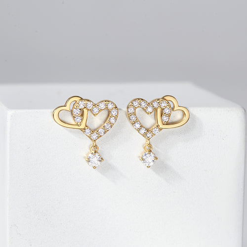 Double Heart Link Earrings, Silver Heart Earrings, Stone Heart Jewelry